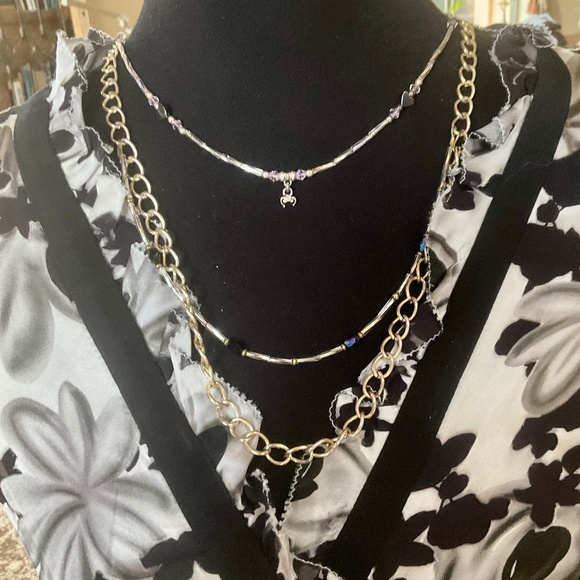 Triple Strand Large Curb Chain and Twisted Silver/Bead Strands Necklace - Picture 1 of 5